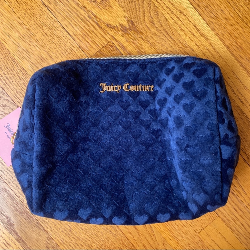 Juicy Couture Navy Plush Heart Cosmetic Pouch with Gold Logo